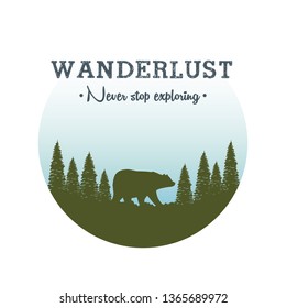 wanderlust label with landscape and bear grizzly scene