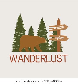 wanderlust label with landscape and bear grizzly scene