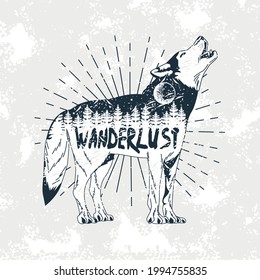 wanderlust lettering in wolf animal