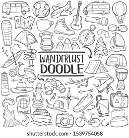 Wanderlust Lifestyle Travel. Doodle Line Art Illustration. Hand Drawn Vector Clip Art.