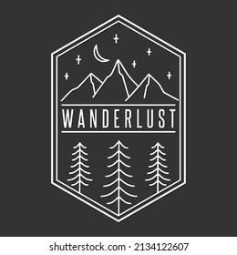 Wanderlust Line Illustration Clip Art Design Shape. Adventure Mountain Emblem Silhouette Icon Vector.