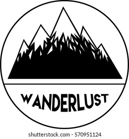 Wanderlust logo. Design of mountains in a circle. Vector illustration. Stamp. Black and white.