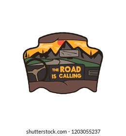 Wanderlust Logo Emblem. Road trip badge. Vintage hand drawn travel patch design. Featuring mountains scene inside a car. Included custom adventure quote - Road is Calling. Stock vector insignia.