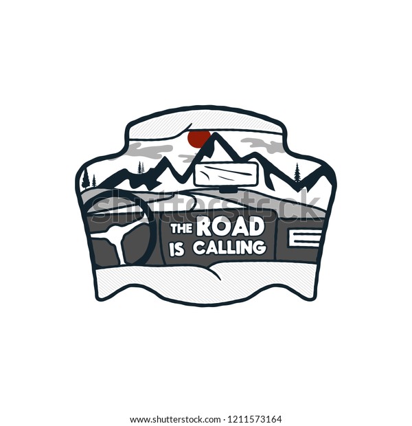 Wanderlust Logo Emblem. Road trip badge.\
Vintage hand drawn travel patch design. Features mountains scene\
inside a car. Included custom adventure quote - Road is Calling.\
Stock vector black\
insignia.
