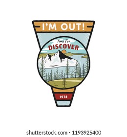 Wanderlust Logo Emblem. Vintage hand drawn travel badge. Featuring mountains, pine forest and river scene. Included custom adventure quote - I'm out. Time for Discover. Stock vector hike insignia.