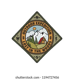 Wanderlust Logo Emblem. Vintage hand drawn travel badge. Featuring wooden house through the mountains, trees scene. Included custom adventure quote. Stock vector hike insignia isolated.