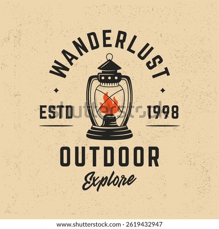 Wanderlust logo with vintage lantern and flame in retro style. Ideal for camping, travel, hiking and outdoor adventure branding. Outdoor lantern logo in vintage retro style. Vector illustration
