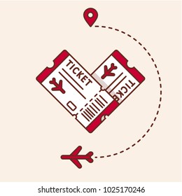 Wanderlust. Love of travel. Plane tickets in form heart vector illustration