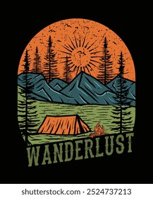 Wanderlust mountain adventure t shirt design illustration for travel lovers