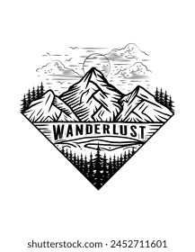 Wanderlust mountain hand drawn line art adventure t shirt design print illustration for travel lovers