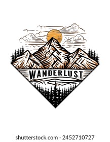 Wanderlust mountain hand drawn lone art adventure t shirt design print illustration for travel lovers