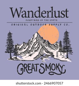 Wanderlust Mountains of the Earth Slogan Textdruck, Gebirgsdruck Design, große rauchige Original im Freien Vintage Print Design, Herbst Winter T-Shirt Kunstwerk