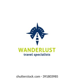 Wanderlust Original Simple Minimal Symbol Composed of Compass & Road Image.  Memorable Visual Metaphor. Represents the Concept of Travel, Adventure, Tourism, Freedom, Exploration, GPS, Journey etc.