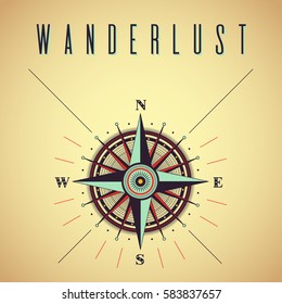 Wanderlust poster with compass. Vector travel and adventure illustration with navigation equipment