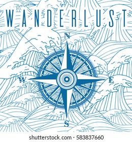 Wanderlust poster with compass. Vector travel and adventure illustration with navigation equipment