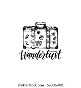 Wanderlust poster with hand lettering. Vector travel label template with hand drawn suitcase illustration. Touristic emblem design.