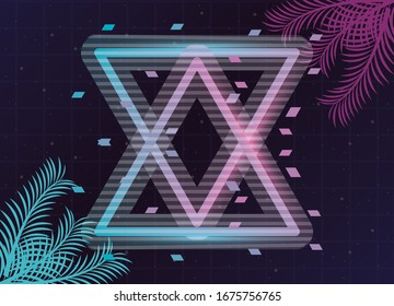 wanderlust poster with palm leafs and geometric figures vector illustration