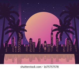 wanderlust poster with palms and cityscape scene vector illustration design