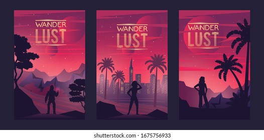wanderlust poster with persons silhouettes scene vector illustration design