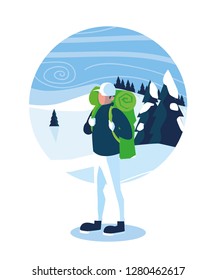 wanderlust poster with traveler and snowscape scene