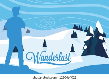 wanderlust poster with traveler and snowscape scene