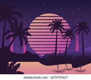 wanderlust poster with tree palms scene vector illustration design