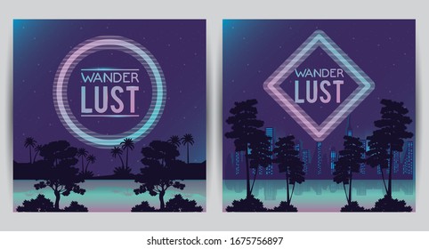 Wanderlust-Poster mit Baum-Szenenbild-Vektorillustration-Design