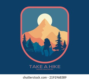 Wanderlust print design for t-shirt. Mountain trekking adventure vintage artwork for poster, sticker, background and others. Wild life illustration. 