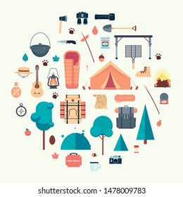 Wanderlust scouting appliances, tools and gear isolated on white background. Icons of camping equipment. Accessories for tourism