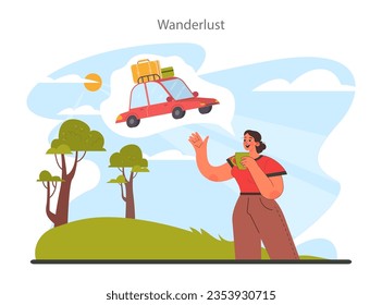 Wanderlust. Solo traveler. Character dreaming about vacation. Adventurous lifestyle. Flat vector illustration