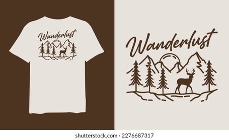 Wanderlust spruce mountain and deer line art design, stylish t-shirt and apparel trendy design and with typography lettering, print, vector illustration design.