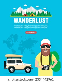 Wanderlust. Time to travel concept design flat with traveler. Vector illustration