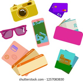 Wanderlust travel flat lay vector illustration. Film camera, sunglasses, two credit cards, purse with money, cell phone with map app, open passport with stamps, flight tickets, postcard with Colosseum