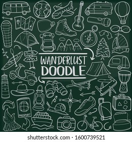 Wanderlust Travel Lifestyle Chalkboard Doodle Icons. Sketch Hand Made Design Vector Art.