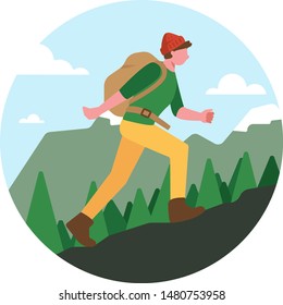 Wanderlust traveler tourist vector illustration. Flat character - young hipster man hiking in the mountains, wearing beanie hat and tourist backpack. Active lifestyle, adventures, vacations concept