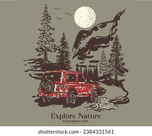 Wanderlust. Van camp. Mountain with tree vintage print design. Mountain with sunset and river. Life is great. Colorado national park. Adventure at the mountain graphic artwork for t shirt and others.