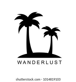 Wanderlust vector icon. Tropical palms on island with writing. Travelling simple black icon.