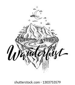 Wanderlust vector illustration. Floating island with moon and stars in the sky. Camping tent and campfire near the creek by the mountains. Forest and high mountains in the distance.