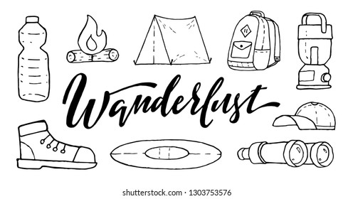 Wanderlust vector illustration. Hiking equipment collection. Hand drawn tourist icons set