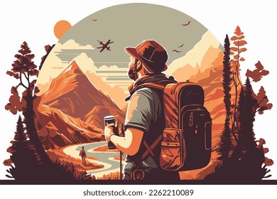wanderlust vector illustration with nature in the background. Backpacker is ready to discover. 