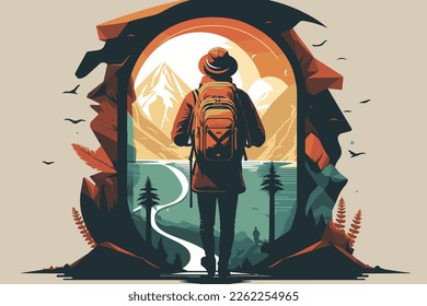 wanderlust vector illustration with nature in the background. Backpacker is ready to discover. 