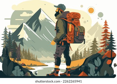 wanderlust vector illustration with nature in the background. Backpacker is ready to discover. 