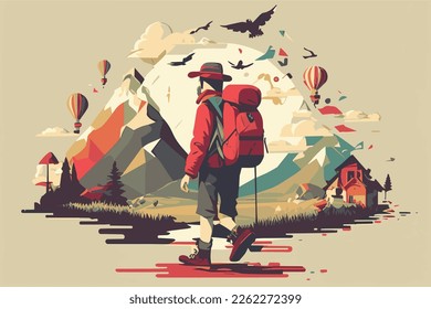 wanderlust vector illustration with nature in the background. Backpacker is ready to discover. 