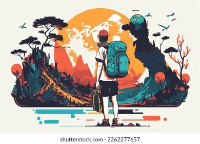 wanderlust vector illustration with nature in the background. Backpacker is ready to discover. 