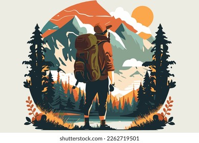 wanderlust vector illustration with nature in the background. Backpacker is ready to discover. 