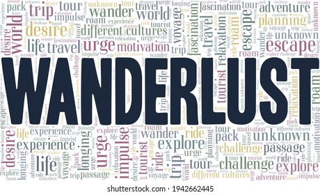 Wanderlust vector illustration word cloud isolated on a white background.