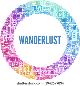 Wanderlust vector illustration word cloud isolated on a white background.