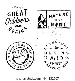 Wanderlust vector logotypes, adventure badges in vintage retro typography style.