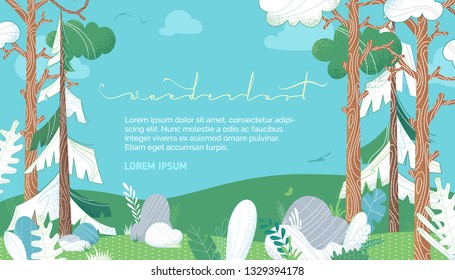 Wanderlust. Vector nature background. Pines and firs on green hills. Stones and grass are in foreground. Clouds in the sky. Flat background with stipple texture. Copy space for your text.