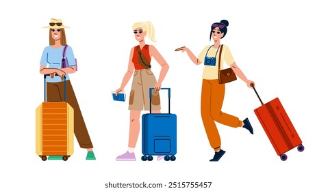 wanderlust woman travel suitcase  vector.  vacation getaway, packing destination, trip adventure wanderlust woman travel suitcase character. people flat cartoon illustration